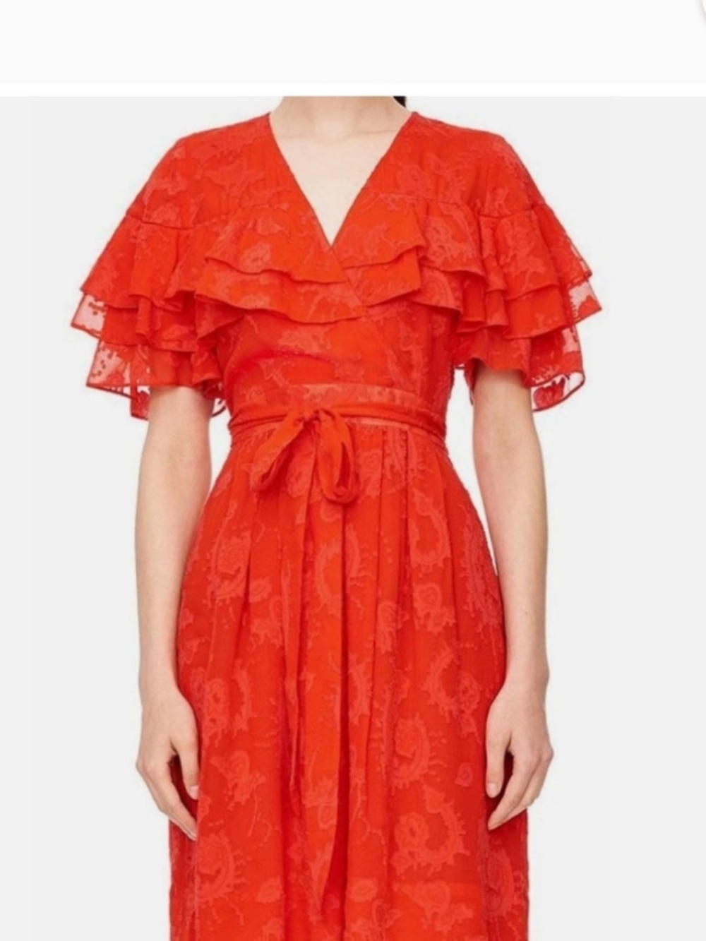 Rebecca Taylor Red Tiered Ruffle Midi Dress with Tie Waist